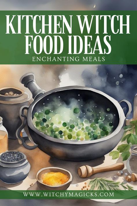 Transform your kitchen into a cauldron of culinary magic with our enchanting food ideas! From savory spells to sweet incantations, explore recipes infused with intention and love. Embrace the art of Kitchen Witchery and delight in meals that nourish both body and spirit. Let's conjure up delicious dishes that celebrate the magic of everyday life.   #KitchenWitch #EnchantingMeals #CulinaryMagic #NourishYourSoul #WitchyMagicks #Herbs #HerbalMagic #KitchenMagic #Witch #Witchcraft Kitchen Witchery Herbal Magic, Food Magic Spells, Green Witch Recipes, Kitchen Witch Altar Ideas, Wiccan Recipes Food, Witch Food Recipes, Witchy Food Recipes, Kitchen Witch Recipes Cooking, Kitchen Witchery Recipes