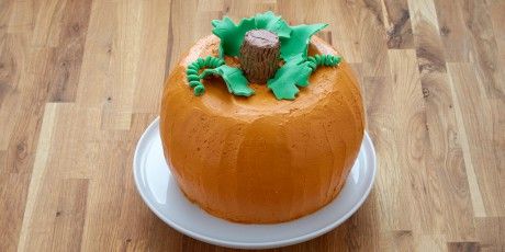 This giant pumpkin-shaped cake will make a stunning showpiece on a dessert table at a big Halloween party. Since it is made from two bundt cakes, it definitely feeds a crowd!