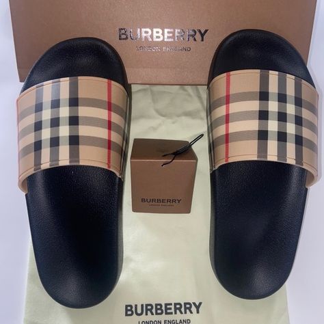 Burberry Slides Burberry Slides Outfit, Baddie Slides, Burberry Slippers, Burberry Slides, Burberry Sandals, Custom Sneakers Diy, Cute Slides, Crocs Fashion, Pretty Sneakers