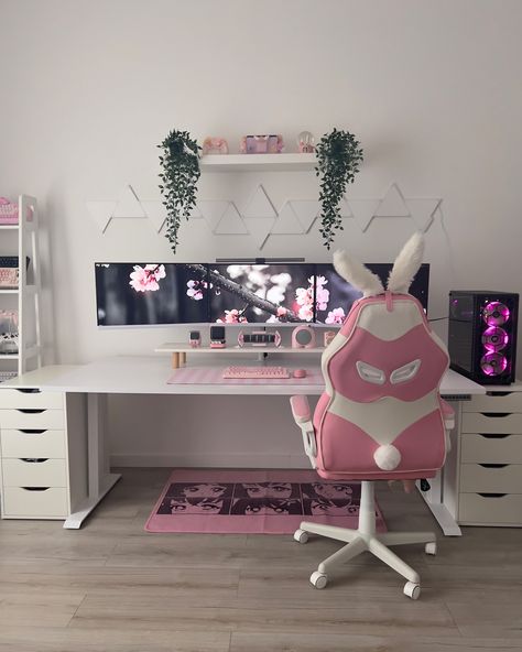 Swipe to light up my cozy home office / gaming setup >>> I’m using my Nanoleaf Shapes again!💗 This time it’s a new layout ✨ 💭What do you think about my pink setup so far? Would you add or change anything?👀 I do! 🙋🏻‍♀️I definitely need to upgrade my PC and make it pink and white😆 Also, I’m finally using my new monitor light from BenQ!🫶🏻 ᡣ𐭩 •｡ꪆৎ ˚⋅ Find all my product links & discount codes to SAVE money in my link in bio!🛍️🛒 𐙚 ‧₊˚ ⋅ ᡣ𐭩 •｡ꪆৎ ˚⋅ #pinksetup #cozysetup #pinkaesthetic #coz... Makeup And Gaming Setup, Pink And White Home Office, Vanity And Gaming Setup, Pink And White Gaming Setup, Pink Pc Setup, Office Gaming Setup, Pink Gaming Setup, Pink Setup, Pink Switch