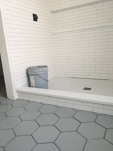 Week 22: Tile, Siding and Trim Work Continues — My Simply Simple Grey Hexagon Bathroom Floor, Gray Hexagon Tile Bathroom, Grey Hexagon Tile Bathroom, Subway Tile Bathroom Floor, Hexagon Shower Floor Tile, Hexagon Shower Floor, Hexagon Bathroom Floor, Hexagon Tile Bathroom Floor, Hexagon Floor Tile