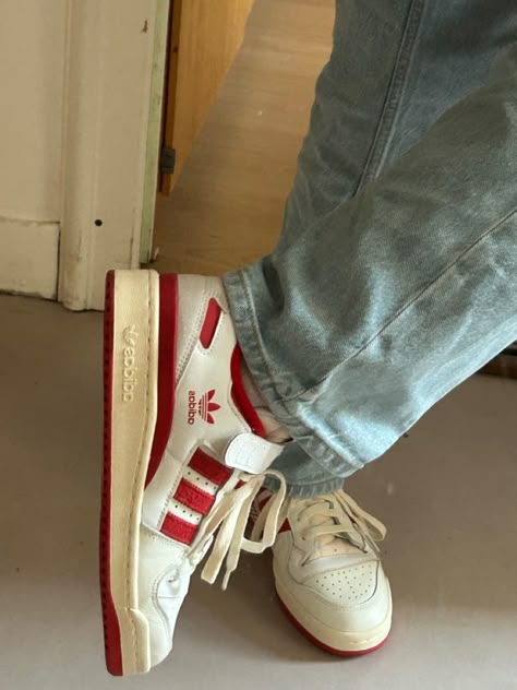 Adidas Forum Low Rouge, Adidas Forum Low Red Outfit, Red Forum Low, Red Shoes Aesthetic, Forum Low, Pretty Shoes Sneakers, Adidas Forum, Cream Shoes, Cute Sneakers