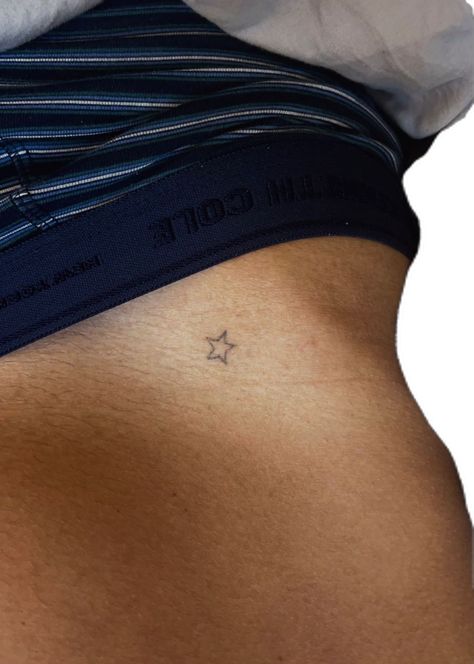 Dainty Tattoos Ribs, Fineline Hip Tattoos Women, Star Tattoo Hip Bone, Pant Line Tattoo, Star On Hip Tattoo, Stars On Hip Tattoo, Texas Star Tattoo, Fine Line Dainty Tattoo, Cool Hip Tattoos