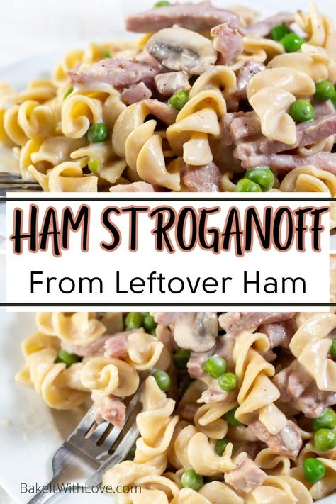 Ham stroganoff is a satisfying dinner combining tender al dente pasta, chunks of cooked ham, and a creamy mushroom gravy! It's one of my favorite comfort food recipes that you can make with leftover ham! You'll love this uniquely flavorful twist on the traditional stroganoff recipe! BakeItWithLove.com Pasta Ham Recipes, Leftover Ham Steak Recipes, Ham And Mushroom Recipes, Leftover Gammon Recipes, Leftover Ham Recipes Dinners, Ham Recipes Leftover, Cooked Pasta Recipes, September Recipes, Creamy Mushroom Gravy