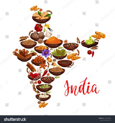 Indian cuisine spices in India map Vector design of curry, ginger and anise with masala seasonings of chili pepper a #Ad , #sponsored, #design#Vector#ginger#curry Indian Spices Illustration, Indian Food Drawing, Chocolate Garland, Students Illustration, Spice Business, Indian Food Menu, Spices Photography, Food Collage, Make In India