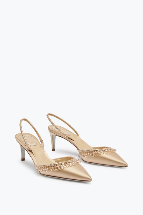 Cleo Champagne Slingback 60 Rene Caovilla Pumps, Champagne Colored Heels, Golden Heels, Elegant Shoes Heels, Champagne Shoes, Champagne Heels, Staple Shoes, Luxury Heels, Gold Pumps