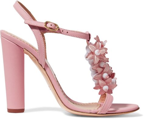 REDValentino Embellished leather sandals | #Chic Only #Glamour Always Yellow Heeled Sandals, Rooftop Brunch, Beaded Leather Sandals, Bridesmaids Nails, Ankle Tie Sandals, Floral Heels, Beaded Sandals, Pink Sandals, Embellished Sandals