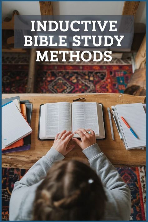 Person studying the Bible with notebooks and pens on a wooden table. Text on the image reads "Inductive Bible Study Methods". Inductive Bible Study Symbols, Bible Study Leviticus, Acts Study Guide Bible, Topical Bible Study, Les Feldick Bible Study, Prayer Binder Ideas, Inductive Bible Study, Binder Ideas, Study Apps