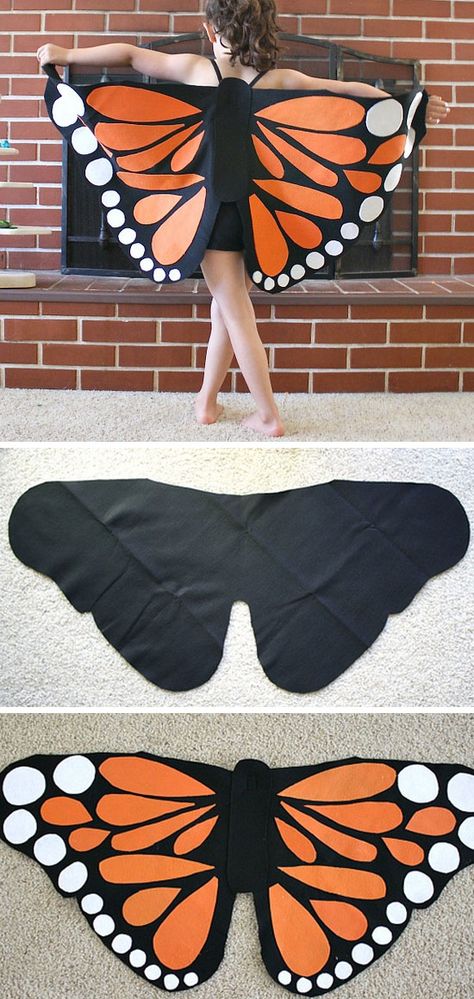 DIY Felt Monarch Butterfly Wings, this is so adorable for a child! Just take another piece of fabric, e.g. a black one, and you could sew bat wings instead! Butterfly Wings Tutorial, Monarch Butterfly Wings, Diy Fantasia, Meme Costume, Costume Carnaval, Butterfly Costume, Diy Halloween Costumes For Kids, Diy Kostüm, Diy Halloween Costume