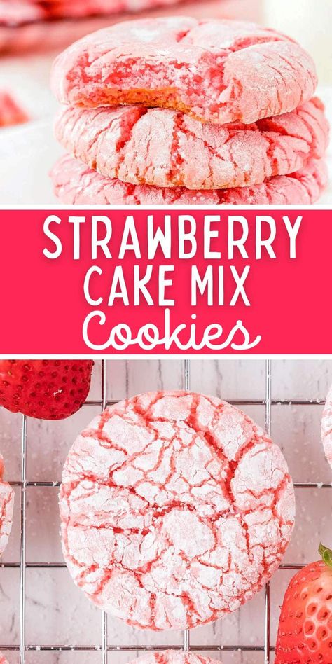 Strawberry Cake Cookies, Strawberry Cake Mix Cookies, Delicious Strawberry Cake, Cake Box Cookies, Crinkle Cookies Recipe, Strawberry Cake Mix, Cake Mix Cookie Recipes, Strawberry Cookies, Oreo Dessert