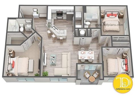 Floorplan Apartment, Bathrooms Apartment, Condo Floor Plans, 3d Plan, Three Bedroom House Plan, 3d Floor Plans, Bungalow Floor Plans, 3d Floor Plan, Cottage Floor Plans