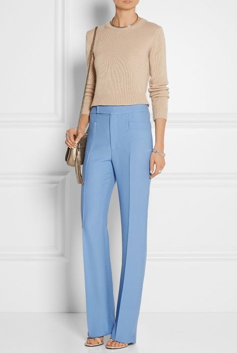 Gucci pants Pale Blue Pants Outfit Women, Light Blue Pants Work Outfit Women, Light Blue Business Casual Outfits, Periwinkle Pants Outfit, Light Blue Beige Outfit, What To Wear With Light Blue Pants, Light Blue Pants Outfit Work, Light Blue Dress Pants Outfit, Light Blue Trouser Outfit Women