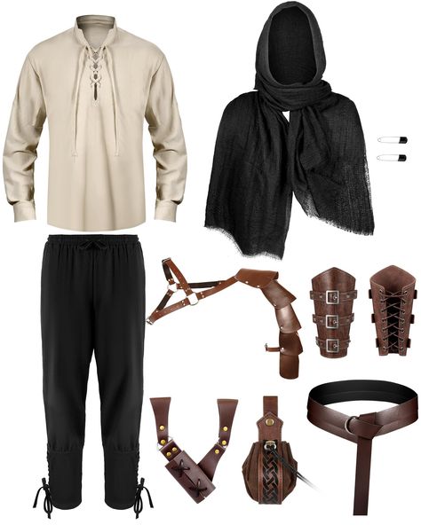 PRICES MAY VARY. Comprehensive Role Play Set: the medieval costumes set is a full set that caters to your cosplay and role play needs; It includes a total of 8 pieces: 1 shoulder armor, 1 belt, 1 pair of wrist bracer, 1 hand held sword bag, 1 medieval pouch, 1 scarf, 1 long sleeved collar shirt, and 1 pair of pants Leather Material: our medieval costume such as shoulder armor, belt, wrist guard, arrow holder and retro purse is made of leather; These medieval Viking style accessories are durable Midevil Fashion Men, Male Warlock Costume, Male Larp Costume, Ren Faire Mens Outfit, Men’s Renn Faire Costume, Fantasy Accessories Male, Bard Costume Men, Male Renfaire Outfit, Pirate Clothes Men