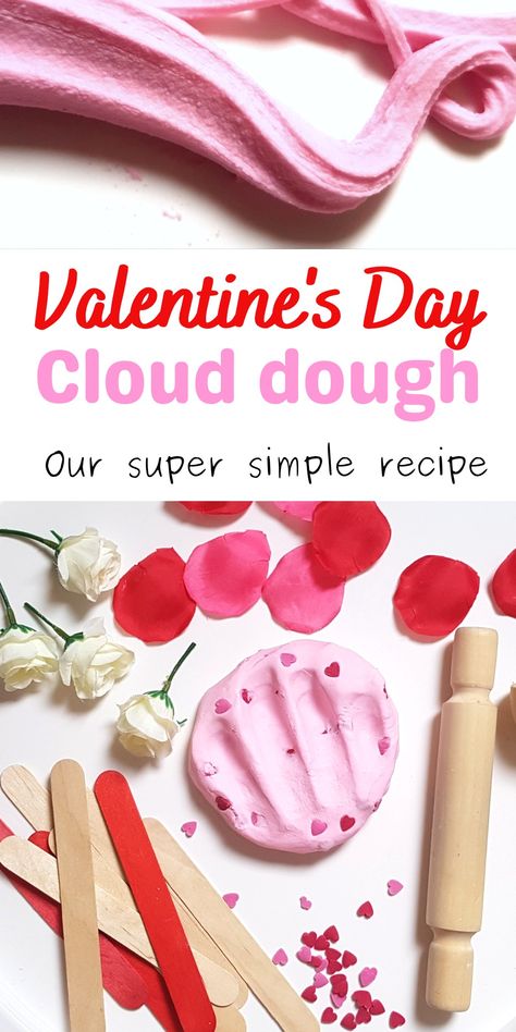 Valentine's Day Cloud dough Valentines Day Stem Preschool, Toddler Valentine Sensory Activities, Easy Valentine’s Day Activities, Prek Valentines Science, Valentines Day Shape Activities, Valentine’s Day Science Activities, February Sensory Bin Ideas Preschool Activities, Open Ended Valentines Activities, Heart Sensory Activities