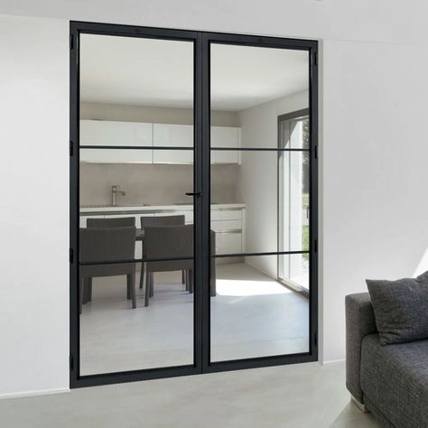 Black Tinted Glass Kitchen Cabinet, Tinted Glass Door, Black Glass Door, Hall Door, Crittal Doors, Landing Space, Barn Door In House, Office Doors, Internal Glass Doors