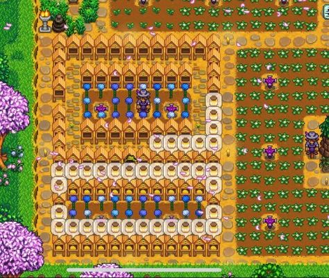 Stardew Valley Bee Hive Layout, Bee House Layout Stardew, Stardew Valley Bee House Layout, Bee House Stardew Valley, Stardew Valley Beehive Layout, Stardew Farms, Stardew Valley Farms, Stardew Valley Layout, Stardew Valley Tips