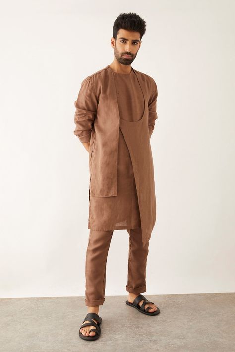 Shop for these amazing collections of Brown 100% Linen Solid Yam Round Neck Kurta For Men by Son of A Noble Snob online at Aza Fashions. Angarkha Men, Angrakha Style Kurta, Boys Shirts Style, Mens Kaftan, Stylish Boy Clothes, Indian Wedding Clothes For Men, Mens Indian Wear, Boys Kurta Design, Wedding Kurta For Men