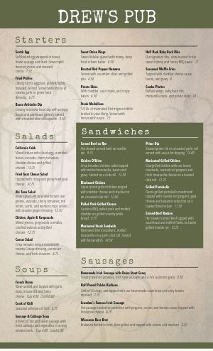 Authentic Irish Menu Template Designs - MustHaveMenus Pub Food Menu Ideas, Irish Pub Menu Design, Pub Menu Design, Resturant Menu, Goat Ideas, Highlands Coffee, Menu Maker, Menu Card Design, Irish Cuisine