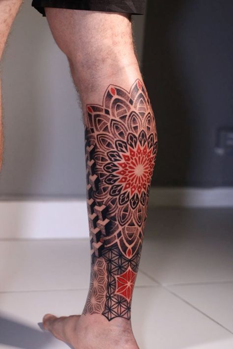 Calf Tattoo Men Ideas Design, Black Red Tattoo, Calf Tattoo Ideas, Calf Tattoo Men, Geometric Tattoo Pattern, Dr Woo, Red Tattoo, Dot Tattoos, Leg Tattoo Men