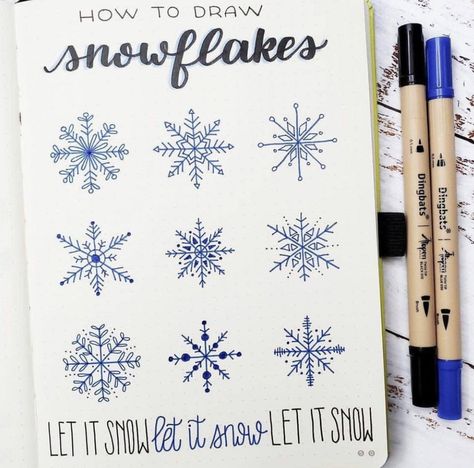 Journal D'inspiration, Snowflakes Drawing, January Bullet Journal, Bullet Journal 2019, Bullet Journal Ideas Templates, Bullet Journal Paper, Bullet Journal Tracker, Bullet Journal Notebook, Dot Journals