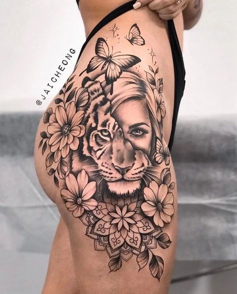 Lion Tattoo On Thigh, Cute Thigh Tattoos, Side Thigh Tattoos, Girl Thigh Tattoos, Hip Thigh Tattoos, Timeless Tattoo, Hip Tattoos Women, Pretty Tattoos For Women, Forearm Tattoo Women