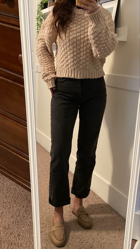 Beige Cropped Sweater Outfit, Taupe Loafers Outfit, Cream Sweater Black Pants, Cream Sweater Black Jeans Outfit, Chic Cropped Beige Sweater, Jeans And Sweater Outfit Fall, Fitted Cream Cropped Sweater Casual Style, Chic Beige Cropped Sweater With Chunky Knit, Taupe Sweater Outfit