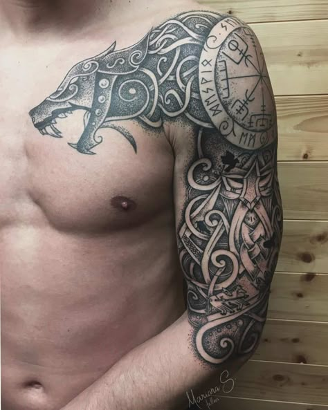 Mystical Norse Tattoos With Celtic Dragon Sleeve Kurt Tattoo, Celtic Sleeve Tattoos, Viking Tattoos For Men, Stile Pin Up, Celtic Tattoos For Men, Celtic Dragon Tattoos, Celtic Tattoo Designs, Viking Tattoo Sleeve, Knot Tattoo