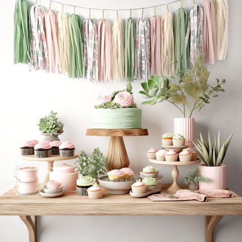 Succulents Tassel Garland - Bohemian Desert Cactus Birthday Party Banner - Boho Hippie Bridal Shower Pale Pink Green Backdrop Decors - Bohemian Baby Shower - GenWooShop Boho Succulent Birthday Party, Pink And Green Cactus Party, Emerald Green And Rose Gold Birthday Decorations, Pastel Cactus Party, Plant Themed Birthday Party Decor, Bridal Shower Succulents, Bridal Shower Cake Greenery, Pink Cactus Party, Blush Pink And Sage Green Birthday Decorations