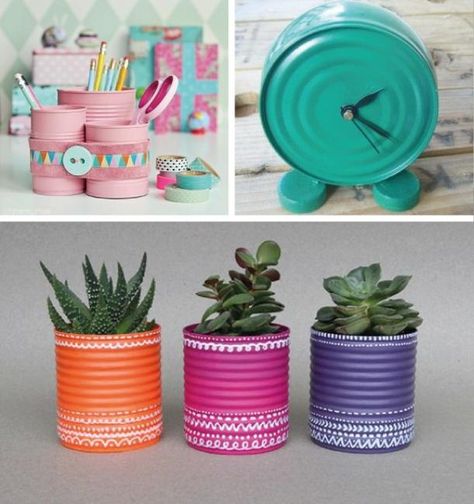 metal crafts and green ideas to reuse and recycle metal containers Recycled Crafts Kids, Tin Can Art, Aluminum Can Crafts, Recycle Cans, Tin Can Crafts, Aluminum Cans, Recycling Containers, Metal Containers, Going Green