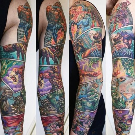 Marvel Tattoo Sleeve, Full Arm Sleeve Tattoo, Black Sleeve Tattoo, Comic Book Tattoo, Half Sleeve Tattoos Drawings, Comic Tattoo, Full Sleeve Tattoo Design, Marvel Tattoos, Tattoo Zeichnungen