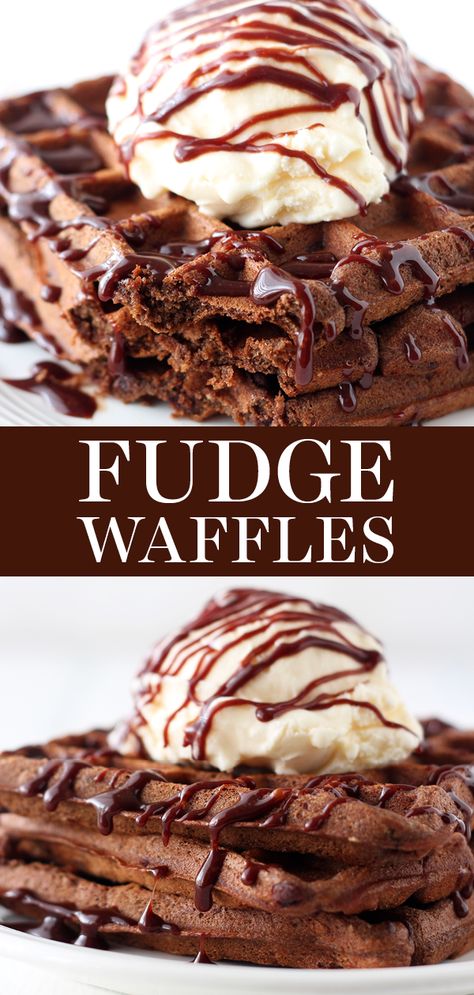 Fudge Waffles are the ultimate dessert for breakfast loaded with rich chocolate flavor and topped with ice cream and fudge chocolate sauce! These are the best homemade, from-scratch waffles ever and they're made in the waffle iron. Made with buttermilk, so they're super fluffy! #wafflerecipe #fudgewaffles Waffles With Ice Cream, Waffles Chocolate, Brunch Dessert, Waffle Iron Recipes, Dessert Waffles, Waffle Maker Recipes, Chocolate Breakfast, Chocolate Waffles, Waffle Recipes