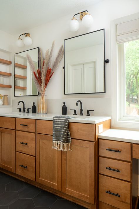 Wood Cabinetry, Love it or Leave it? Bathroom Remodel Wood Cabinets, Wood Cabinet Bathroom Ideas, Oak Cabinet Bathroom Ideas, Bathroom With Wood Cabinets, Oak Bathroom Remodel, White Bathroom Wood Cabinets, Bathroom With Wood Vanity Ideas, Bathroom With Light Wood Cabinets, Brown Wood Bathroom Vanity