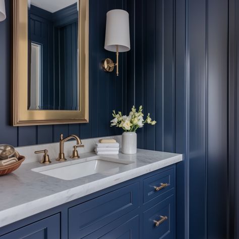 navy blue bathroom Navy Bathroom Vanity Oil Rubbed Bronze, Best Blue For Bathroom, Dark Navy Bathroom Walls, Small Navy Blue Bathroom, Dark Blue Walls Bathroom, Navy Blue And Green Bathroom, Navy Bathroom Paint, Dark Blue Powder Room Ideas, Navy Bathroom Walls