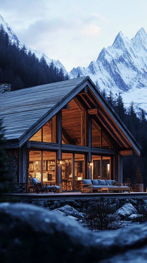 Rustic Mountain Cabin Large Windows Peaks View Mountain Cottage Aesthetic, Large Cabin Windows, Cottage In The Mountains, Mountain Cabin Exterior, Cabin Windows, Mountain Chalet, Mountain Getaway, Cabin Exterior, Cottage Cabin