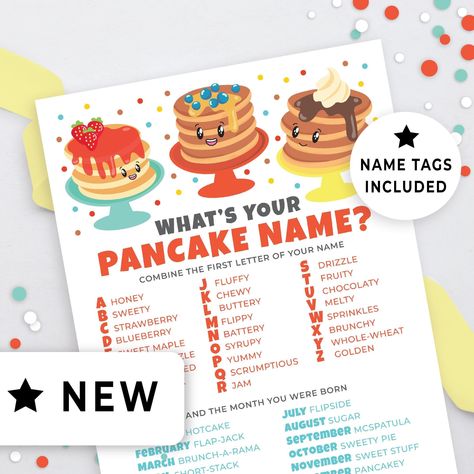 Looking for a fun printable party game for your upcoming brunch, pancake breakfast, pancake fundraiser, pancake day or pancake & pajamas sleepover party?  Your guests will LOVE this hilarious name generator!  Everyone will have a blast creating names like Buttermilk Short-Stack, Strawberry Hotcake, and Flippy Pancakey.  If you don't like the names on the sheet this game is fully editable!  You can add any funny pancake names you like. Included with your purchase is the 8.5x11" name generator she Parties Themes, Pancake Party, Pajamas Party, Pancakes And Pajamas, Pancake Breakfast, Holiday Hosting, Slumber Party Games, Pyjama Party, Pj Party