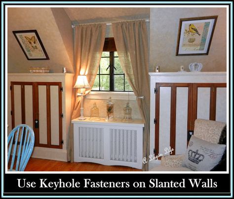 Here's how to defy gravity & hang art on slanted walls. Decorate Slanted Walls, Decorating Slanted Walls, Bedrooms Neutral, Entryway Buffet, Burlap Drapes, Entryway Paint, Kitchen Nordic, Slanted Walls, 2 Pac