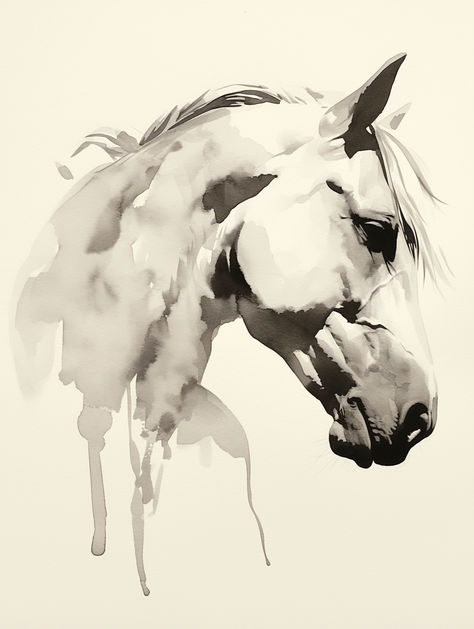 Horse Painting Black And White, Lee Walker Art, Sketch Animals Easy, Watercolour Horse Painting, Watercolor Horses Easy, Animal Portraits Art Drawings, Easy Horse Painting, Black And White Horse Painting, Watercolor Animals Easy