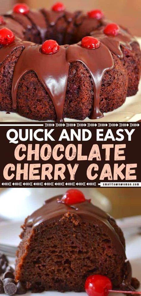 This chocolate recipe is what you need when you are in a pinch! No one needs to know this quick and easy Valentine's Day dessert starts with a box mix. Drizzled with chocolate glaze and garnished with maraschino cherries, this cake idea with cherry pie filling is divine! Elegant Christmas Dessert, October Recipes, Cake Cherry, Dessert Halloween, Boxed Cake Mixes Recipes, Awesome Desserts, Chocolate Cherry Cake, Devils Food Cake Mix Recipe, Easy Holiday Desserts