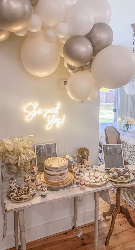 Simple White Bridal Shower Decor, White Out Engagement Party, Engagement Party Home Decorations, Engagement Party Sweet Table, Engagement Table Ideas Decor, Decorations For Engagement Party At Home, Engagement Party Simple Decor, Neutral Color Engagement Party, Theme For Engagement Party