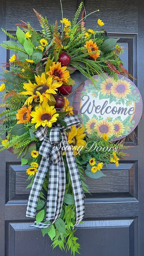 Farmhouse Apple Wreath, Apple Wreath- Sunflower Wreath, Front Door Wreath-Wreath With Apples- Sassy Doors Wreath Apple Wreath, Metal Welcome Sign, Sunflower Wreath, Sunflower Wreaths, Wreath Front Door, Farmhouse Charm, Order Up, Door Wreath Hanger, Red Apple