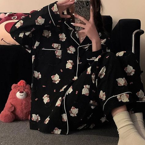 Sanrio Hello Kitty Long Sleeve Top Shirts Trousers 2 Piece Set Women Fashion Home Clothes Cute Pajamas Y2k Black Sleepwear Suit - Walmart.com Black Pajamas Women, Y2k Pijama, Pijama Aesthetic, Black Pjs, Pajamas Y2k, Tokyo Streetwear, Black Sleepwear, Simple Suit, Pajamas Aesthetic