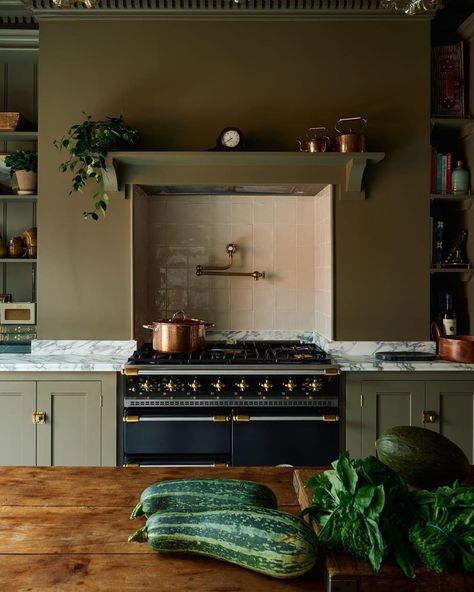 How much do DeVOL kitchens cost? | Fifi McGee Classic English Kitchen, Pink Dining Rooms, Riverside Apartment, Checkerboard Floor, Devol Kitchens, English Kitchens, Hollywood Homes, Green Cabinets, Chic Kitchen