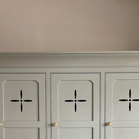 Cabinet Cutout Detail, Applied Molding Cabinet Doors, Cabinet Cutouts, Cabinet Faces Styles, The Misfit House, Misfit House, Living Room Built In Cabinets, Cabinet Detail, Painted Closet