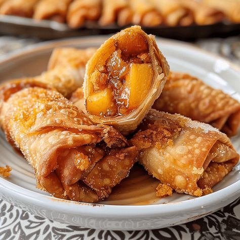 Crispy and sweet Peach Cobbler Egg Rolls, a delicious twist on classic peach cobbler. Perfect for dessert or a fun snack! Peach Cobbler Egg Rolls, Egg Rolls Recipe, No Egg Desserts, Peach Dessert Recipes, Peach Desserts, Egg Roll Wrappers, Egg Roll Recipes, Canned Peaches, Roll Recipes