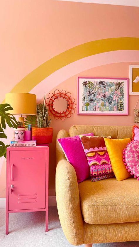 THE LATEST TIKTOK TREND: DOPAMINE DECOR AND HOW YOU CAN JUMP ONBOARD Colourful House Inspiration, Pink And Yellow House Decor, Retro Apartment Decor Eclectic, Fun Interior Design Ideas, Home Office Colourful, Colorful Bedroom Inspirations, Funky Retro Bedroom Aesthetic, Pink And Yellow Office, Pastel Maximalist Decor