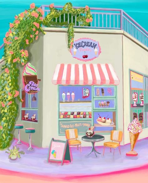 Rebecca Elizabeth | Illustrator 🎨🦋🌸 | The ice cream parlour 🍦🍒 This one made me very, very hungry looking at all the ice cream sundaes and milkshakes and now the suns out it’s t… | Instagram Ice Cream Shop Drawing, Ice Cream Shop Illustration, Hot Fudge Sundae, Fudge Sundae, Ice Cream Illustration, Ice Cream Parlour, Ice Cream Sundaes, Amsterdam Art, 50s Diner