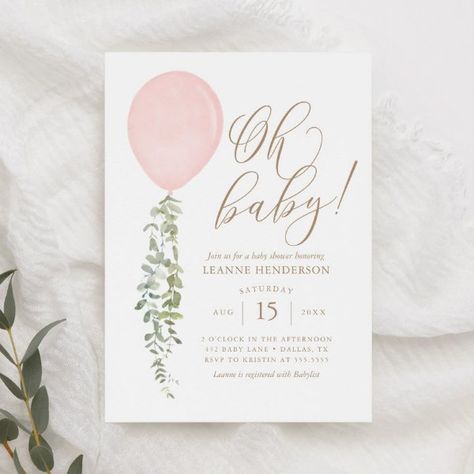 Oh Baby Pink Balloon Eucalyptus Baby Shower Invita Invitation Gender Neutral Baby Shower Invitations, Baby Balloon, Pink Baby Shower Invitations, Printable Invitation Templates, White Balloons, Baby Shower Invites, Blue Balloons, Pink Balloons, Pink Invitations