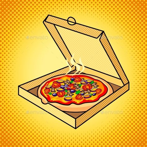 Pizza Box Illustration, Pizza Box Drawing, Breakfast Cartoon, Cyberpunk Building, Pizza Cartoon, Pizza Drawing, Pop Art Vector, Fresh Pizza, Attractive Background