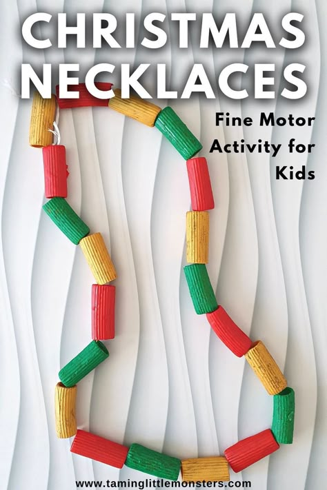 Christmas Necklaces Activity for Kids. Make a DIY Christmas necklace with your toddlers and preschoolers. This is a fun craft and fine motor activity to try this holiday season. #christmas #artsandcrafts #finemotor #toddler #preschool #kindergarten Christmas Lesson For Preschoolers, Sentimental Crafts For Kids, Christmas Party Activities For Preschool, Eyfs Xmas Activities, Ugly Sweater Preschool Craft, Christmas Party Activities For Toddlers, Christmas Curriculum For Toddlers, Winter Holiday Preschool Activities, Summer Christmas Crafts