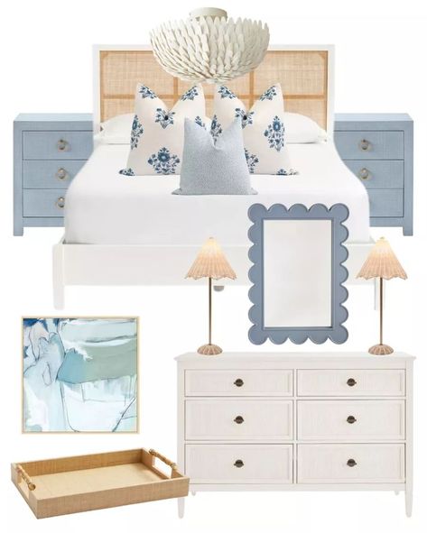 White Rattan Bedroom, White Bed Throw, California Coastal Bedroom, Hampton Bedroom Ideas, Scallop Mirror, Hampton Bedroom, Bedroom Dresser Styling, Night Stands Bedroom, Blue And White Bedding